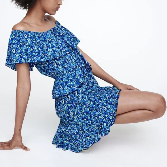 NEW Zara Blue Floral Off the Shoulder Cute Tiered Ruffle Dress Romper Jumpsuit M - Picture 5 of 9
